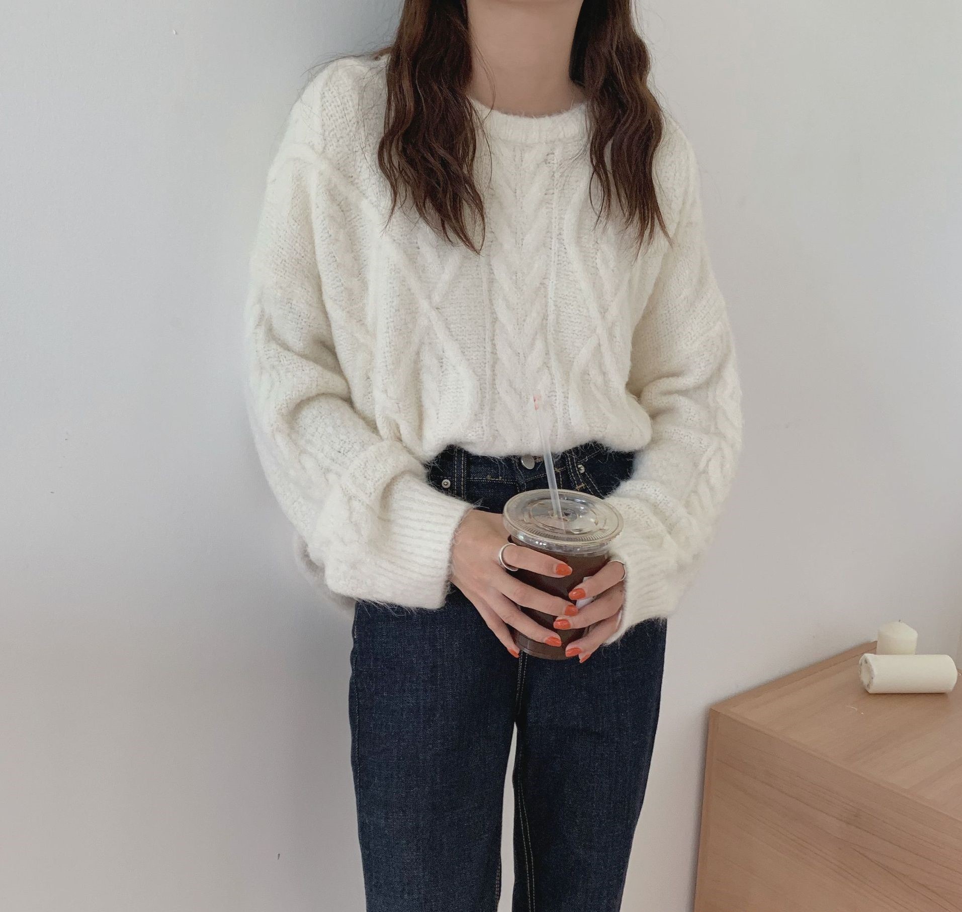 Seoulflash - Pull uni en tricot tressé à manches longues