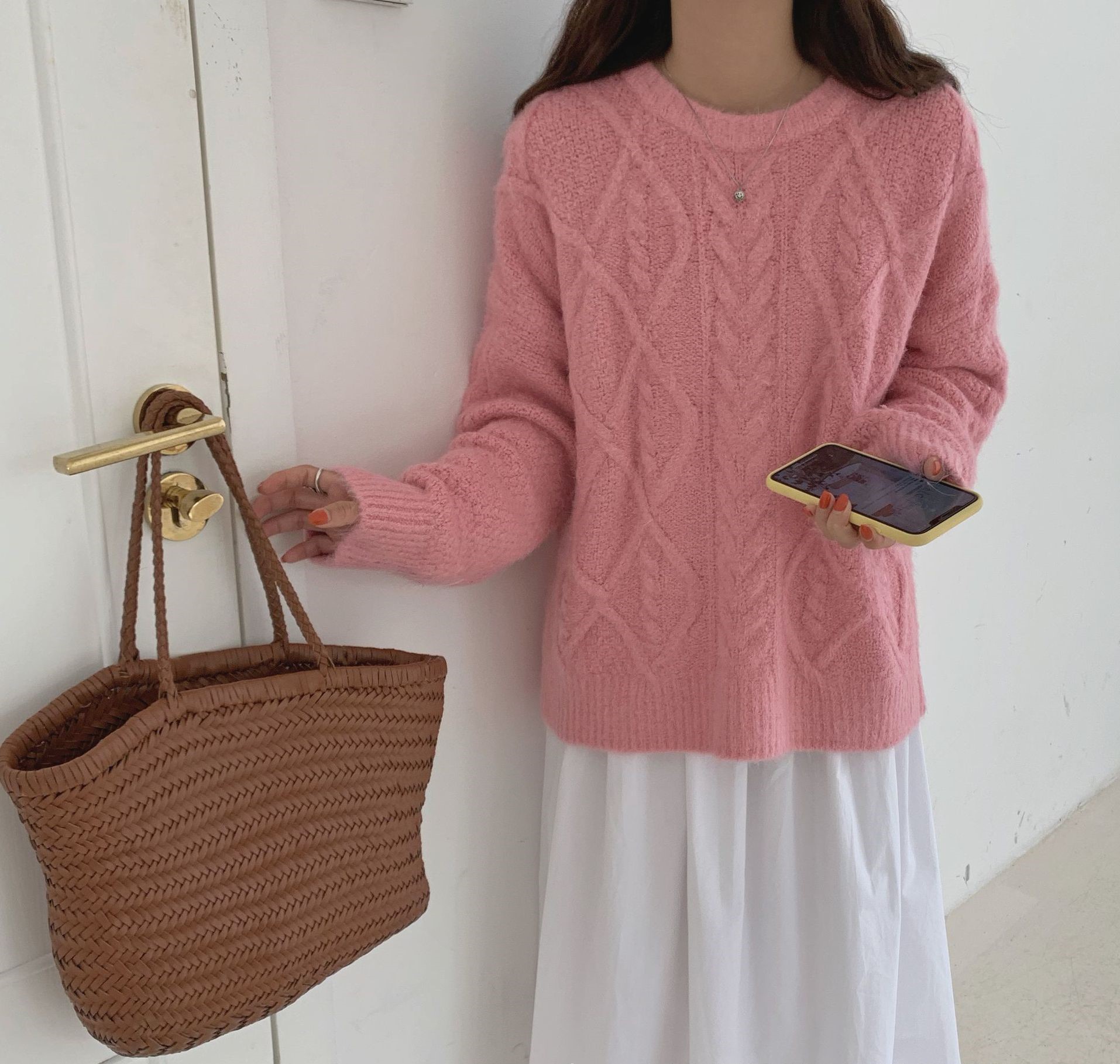 Seoulflash - Pull uni en tricot tressé à manches longues