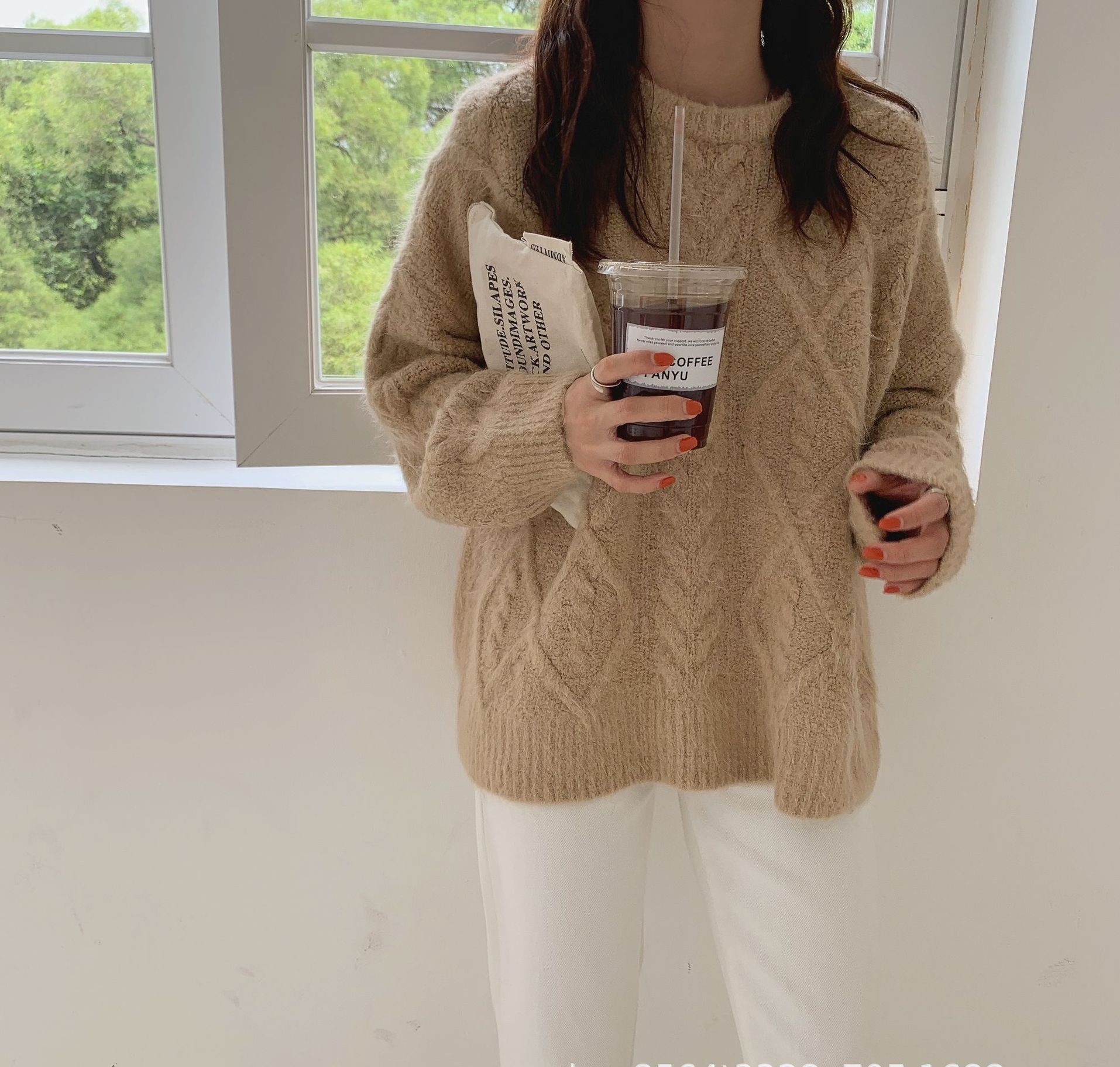 Seoulflash - Pull uni en tricot tressé à manches longues