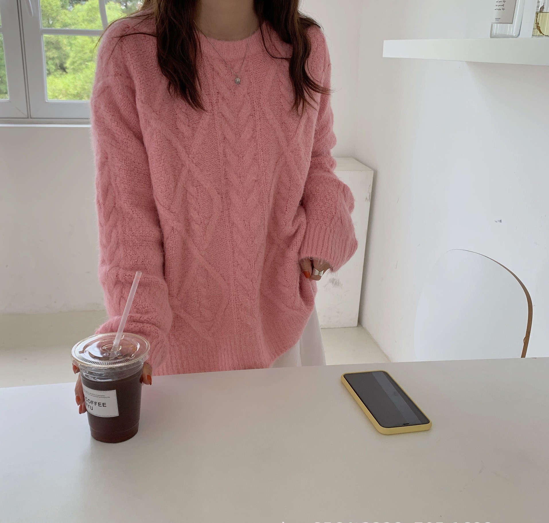 Seoulflash - Pull uni en tricot tressé à manches longues