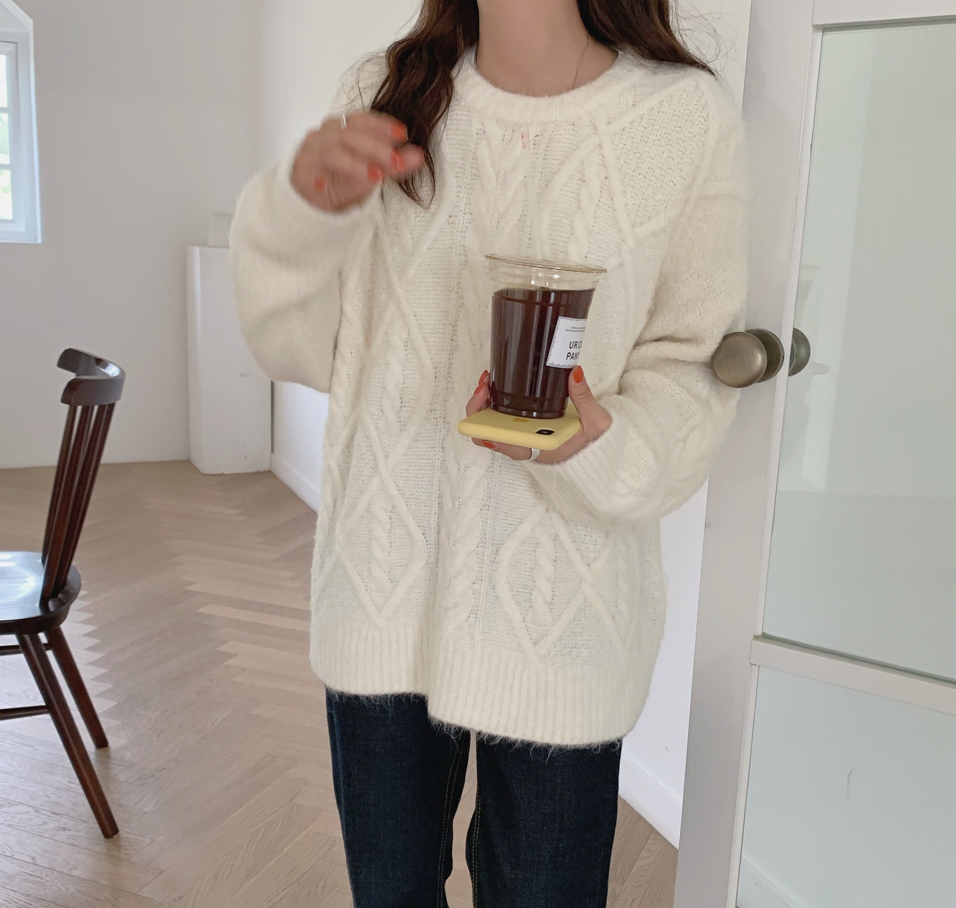 Seoulflash - Pull uni en tricot tressé à manches longues