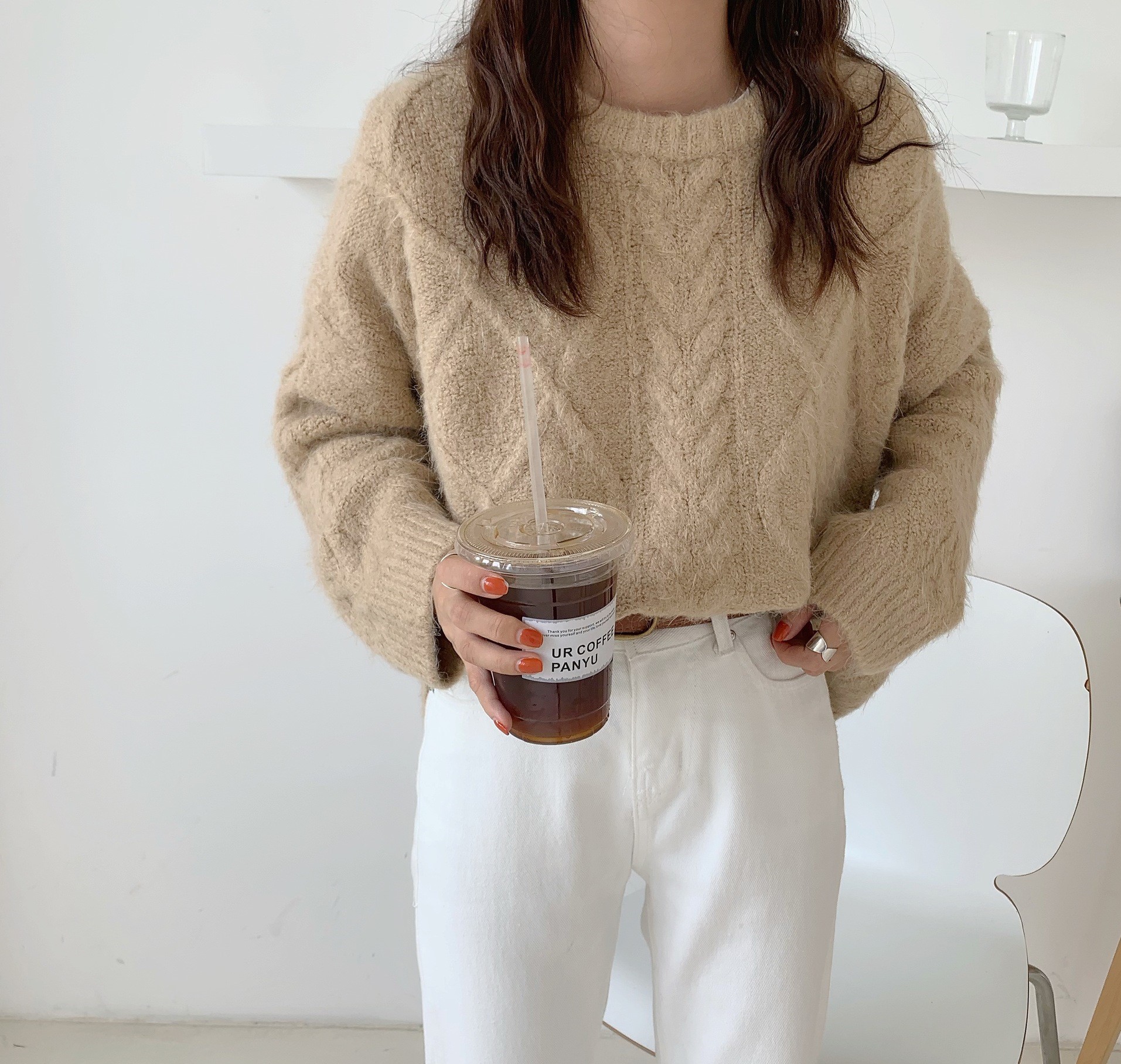 Seoulflash - Pull uni en tricot tressé à manches longues