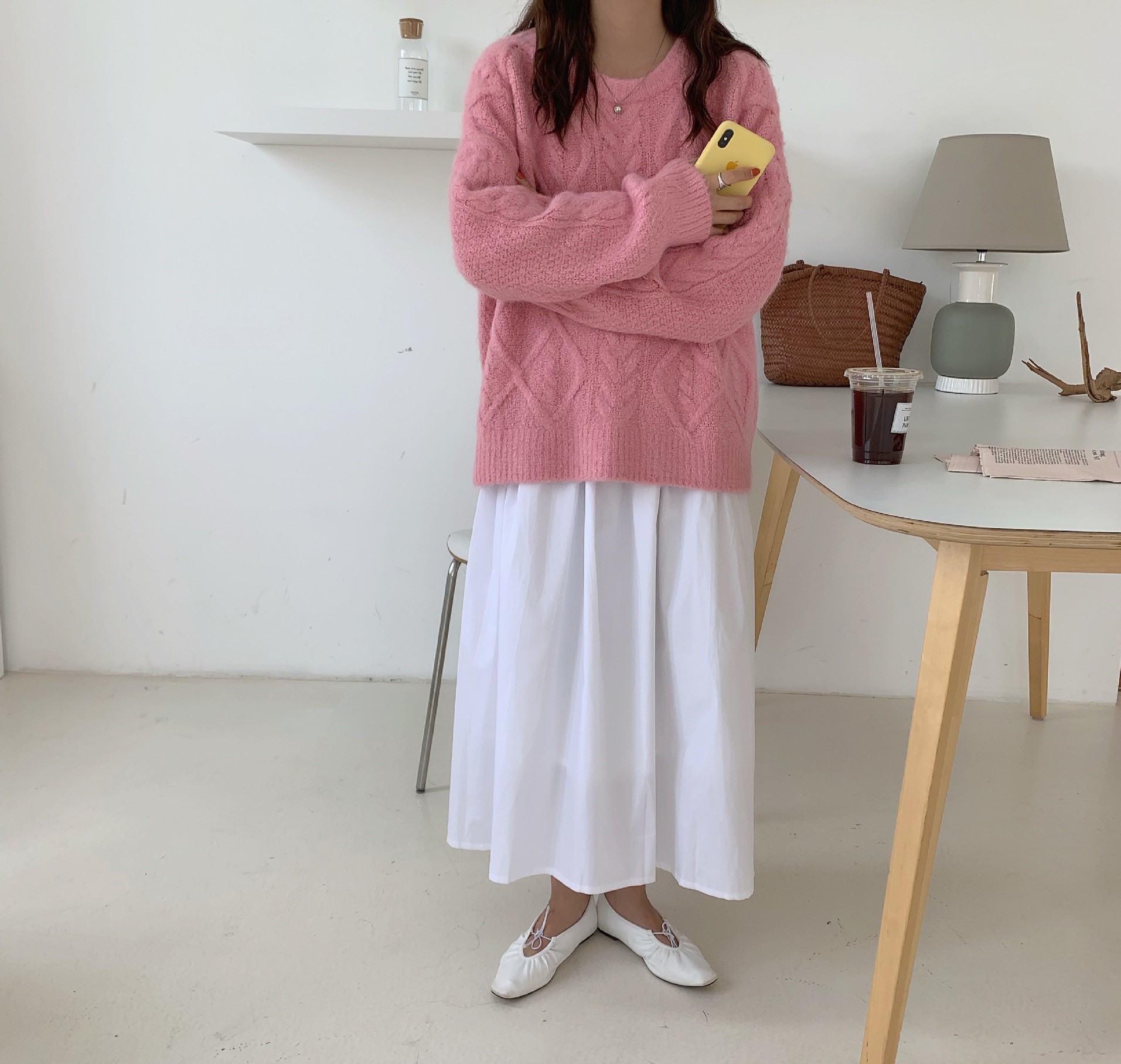 Seoulflash - Pull uni en tricot tressé à manches longues