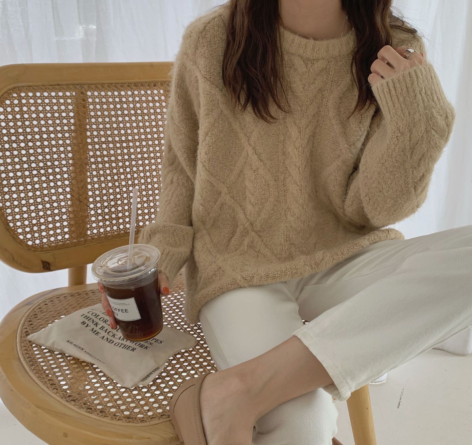 Seoulflash - Pull uni en tricot tressé à manches longues