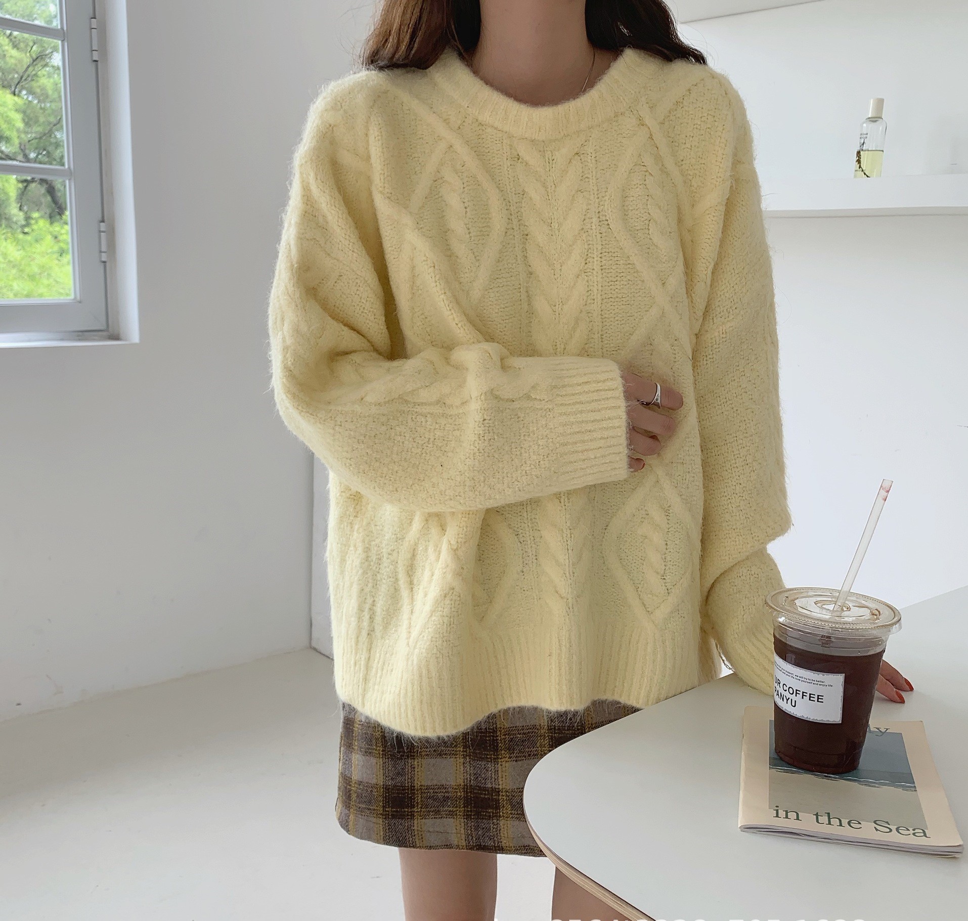 Seoulflash - Pull uni en tricot tressé à manches longues