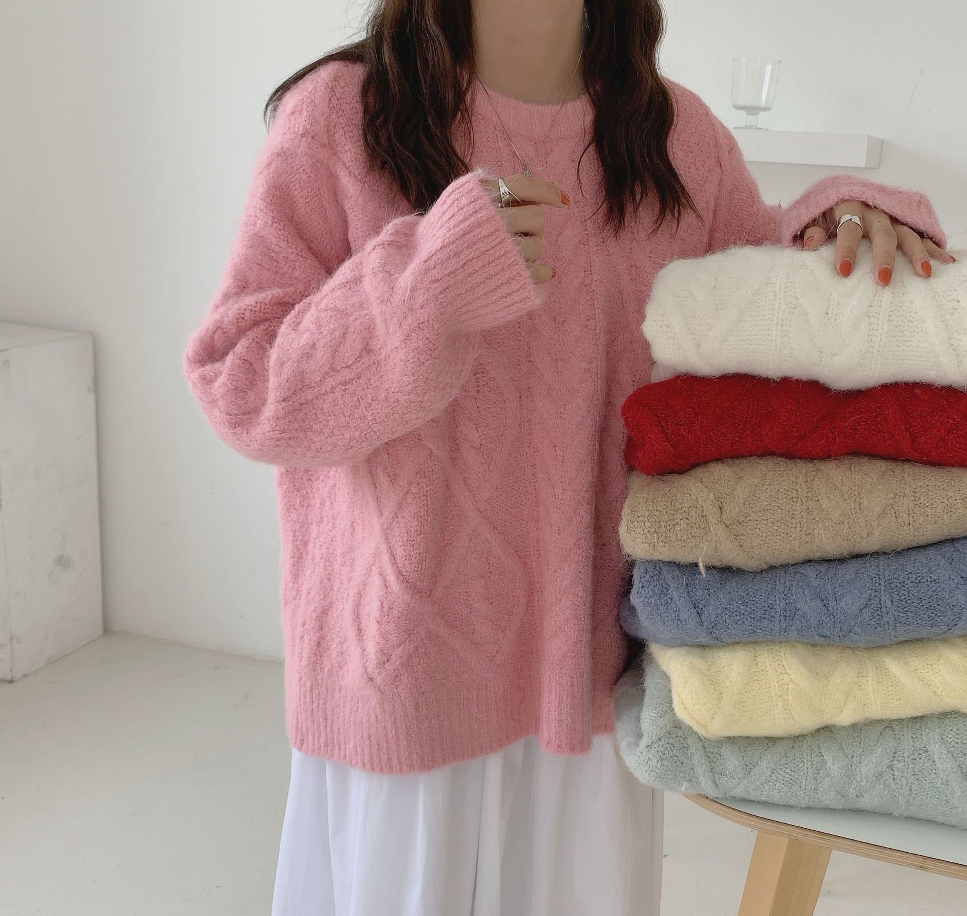 Seoulflash - Pull uni en tricot tressé à manches longues