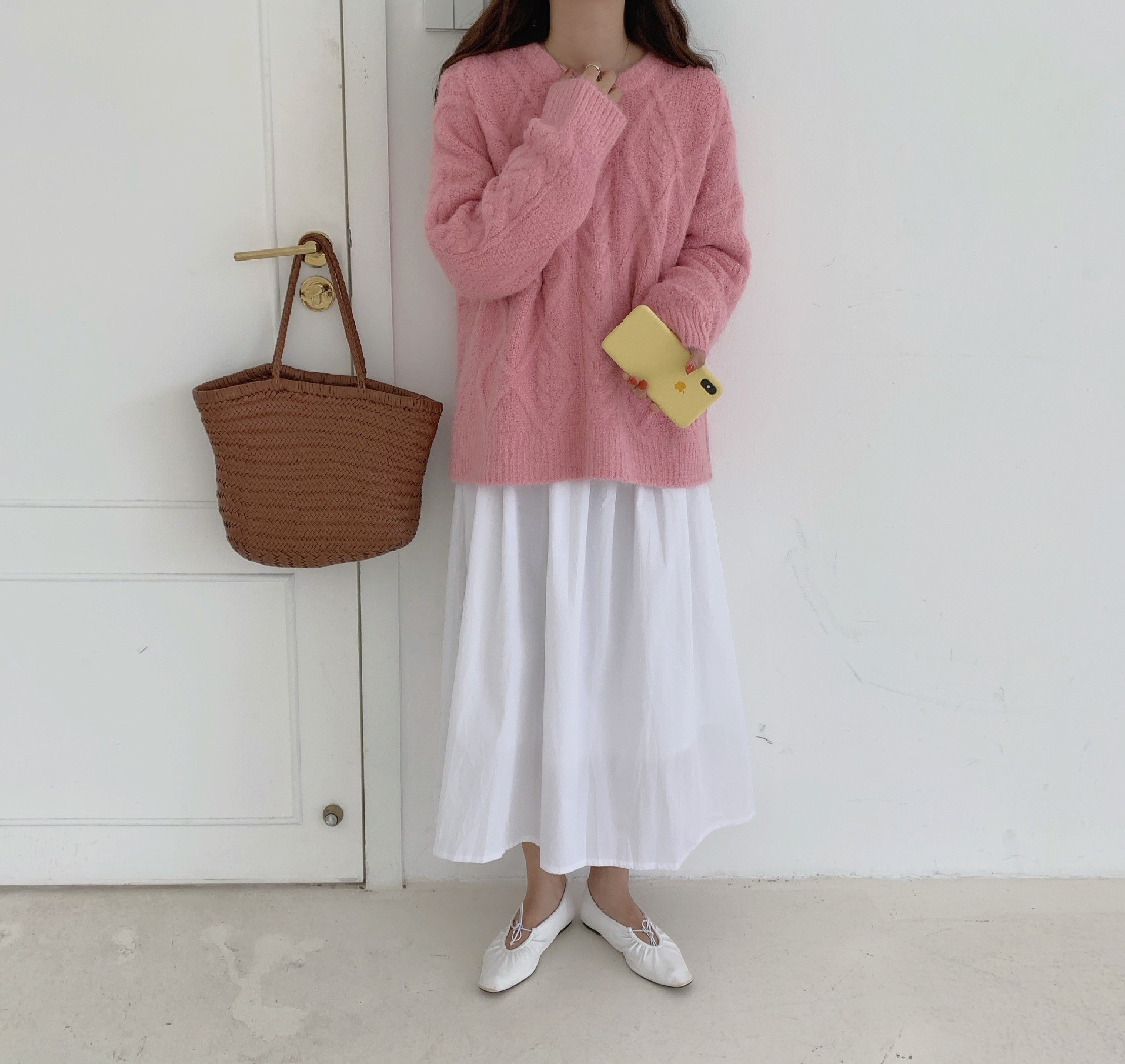 Seoulflash - Pull uni en tricot tressé à manches longues