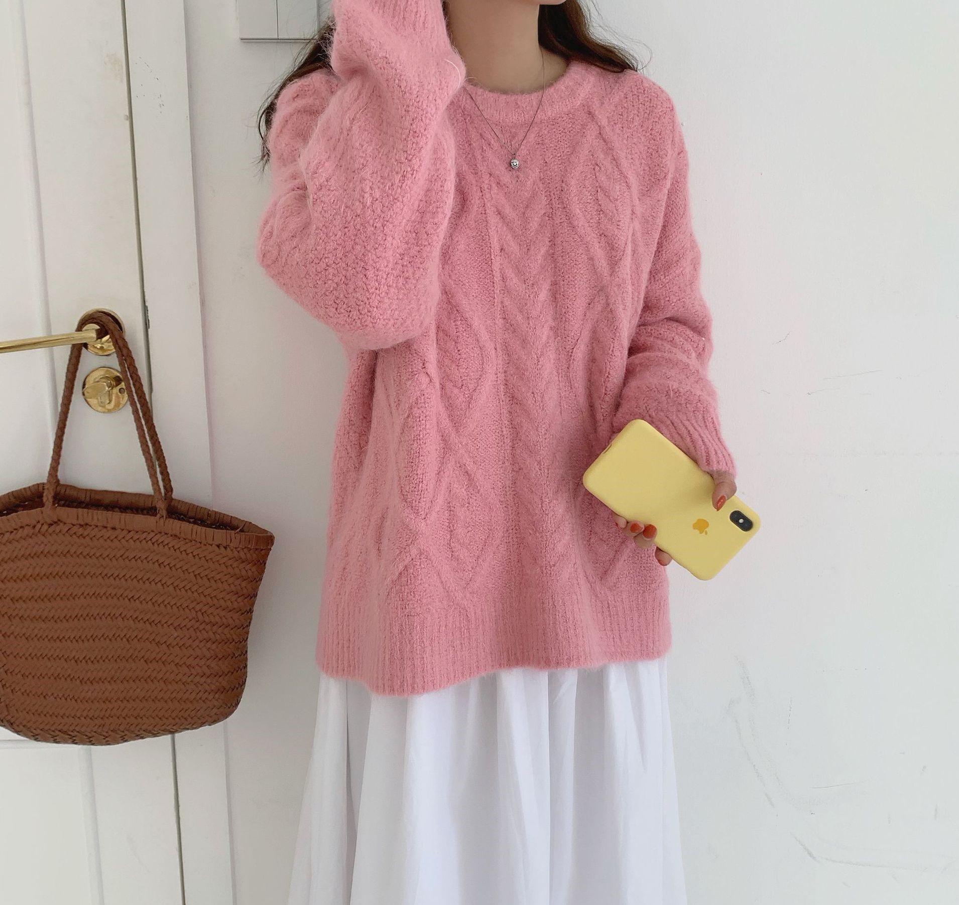Seoulflash - Pull uni en tricot tressé à manches longues