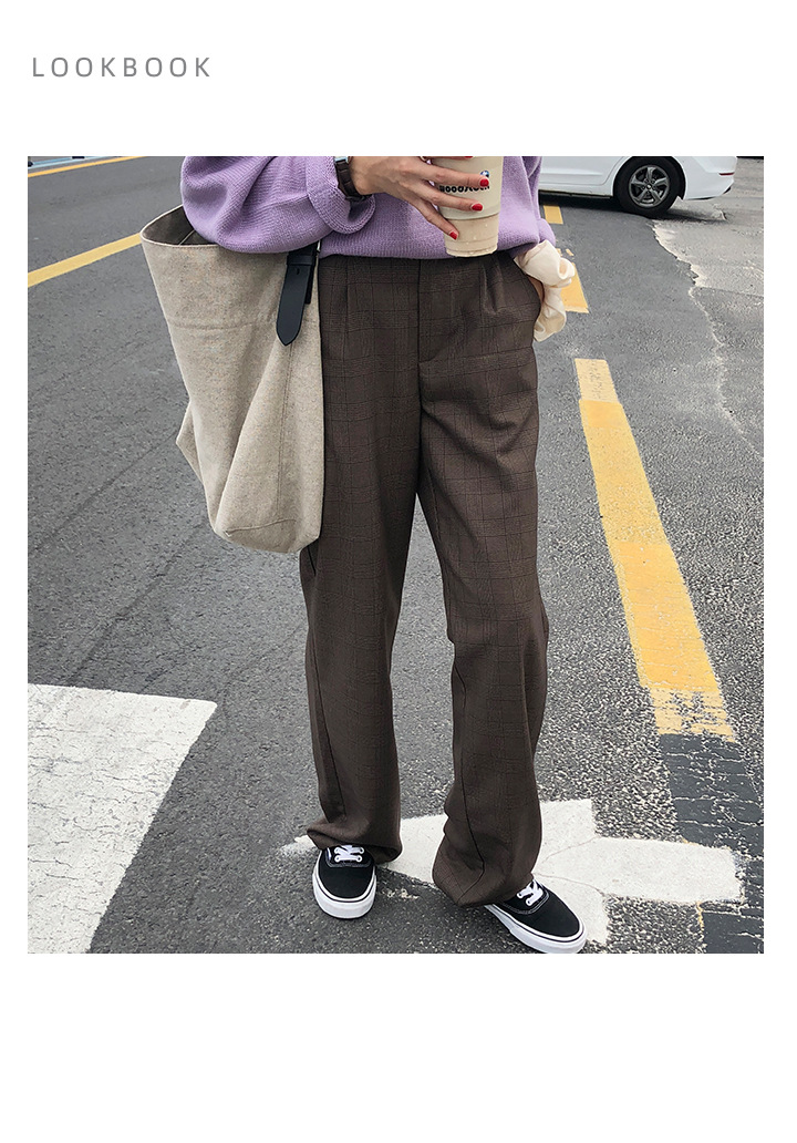Rosy.B - Band-Waist Gingham Straight-Cut Pants