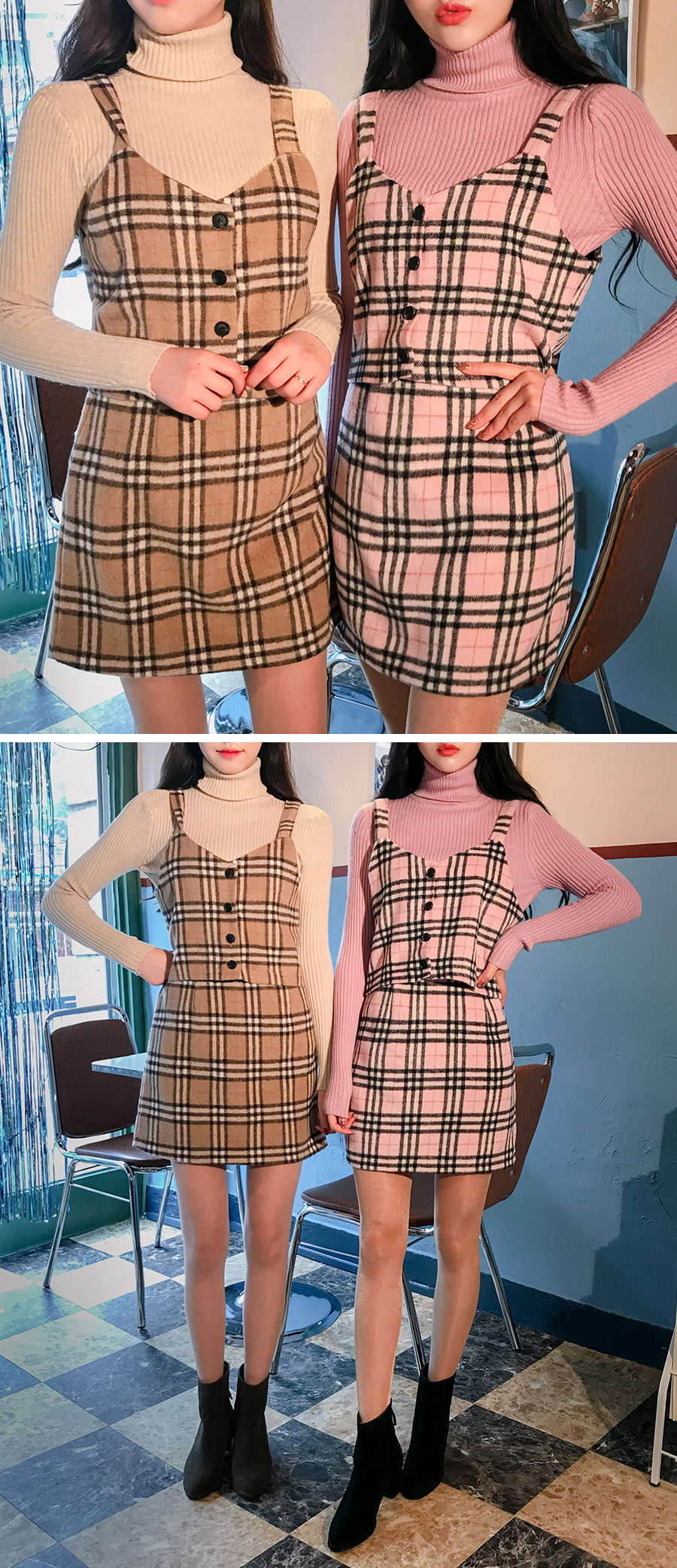Icecream12 - Haut camisole court à carreaux écossais + Mini-jupe à taille bandeau