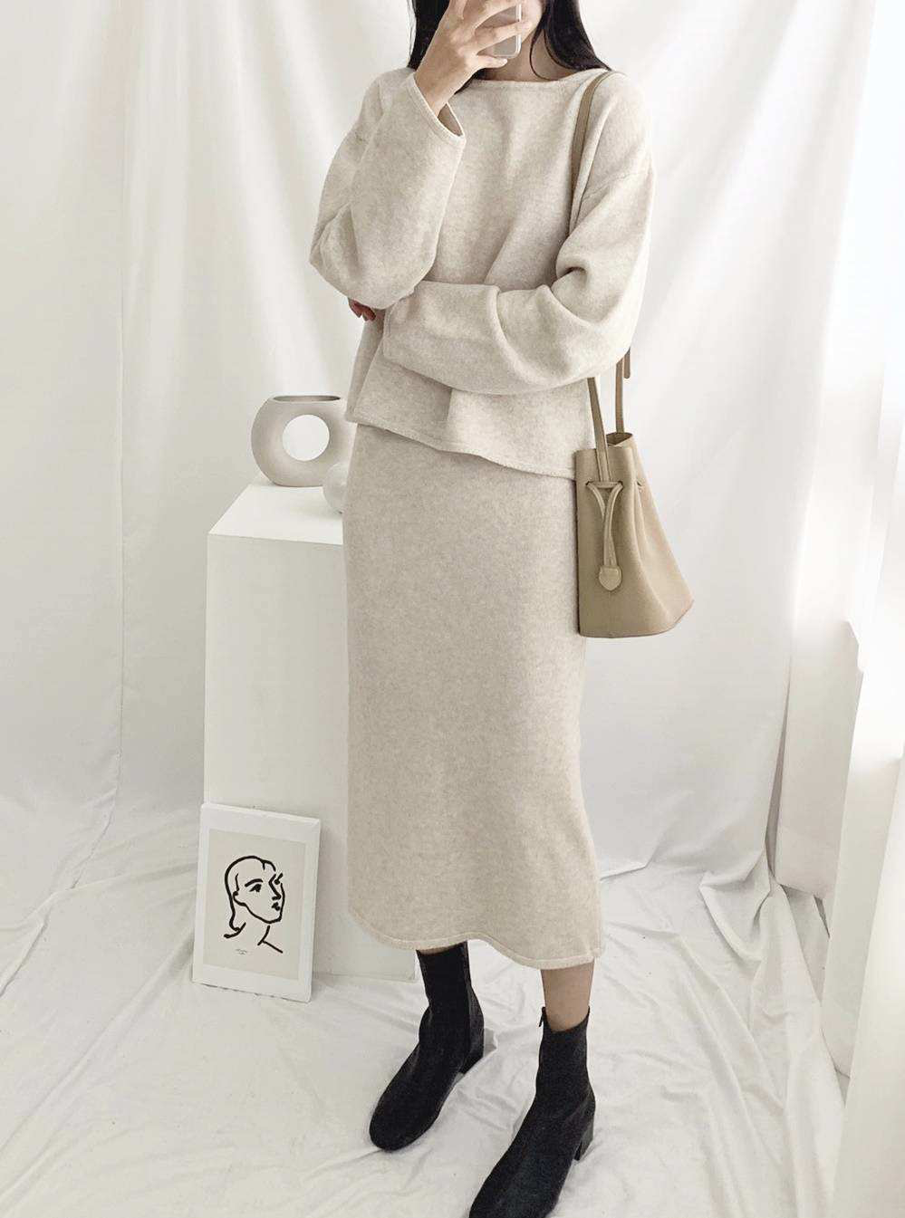 Souland - Haut en tricot uni à manches longues + Jupe mi-longue en tricot uni