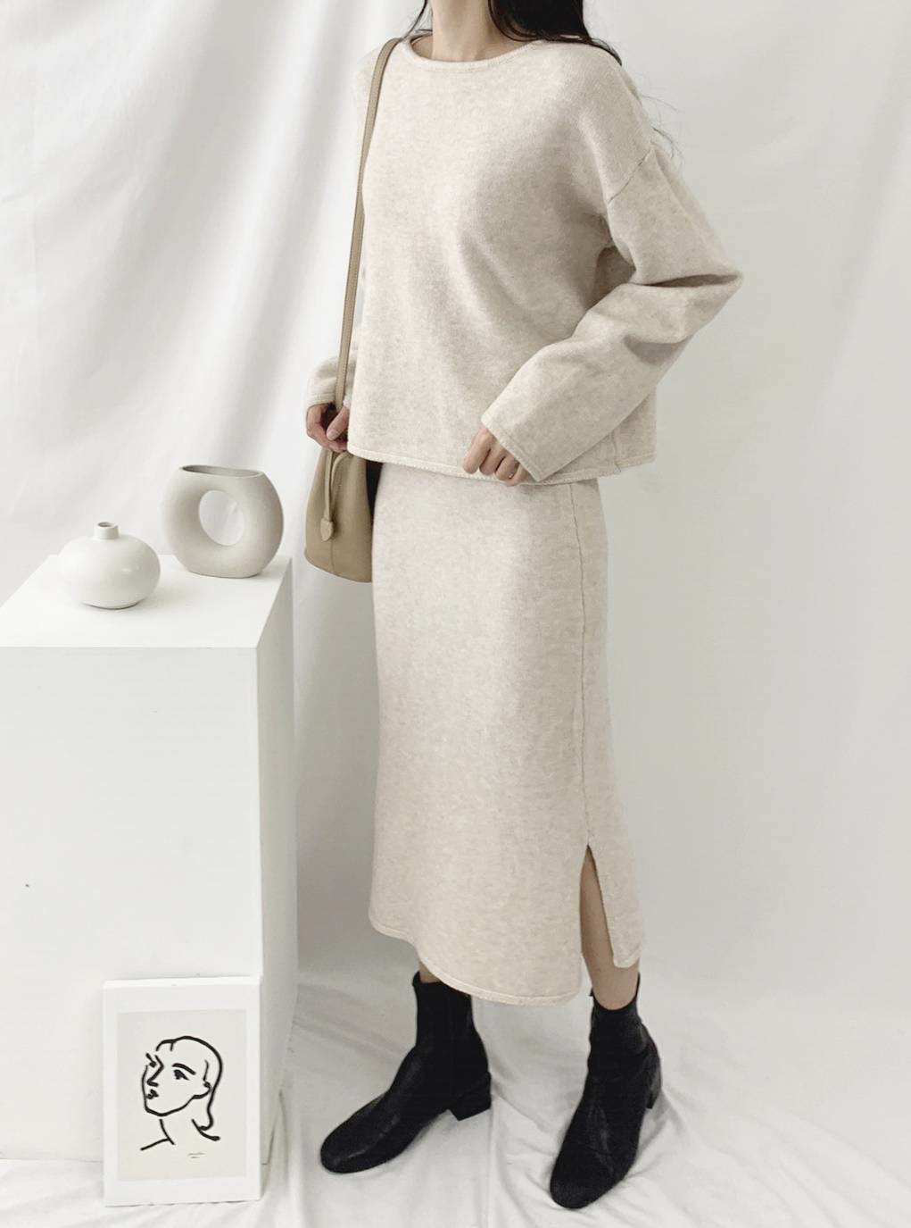 Souland - Haut en tricot uni à manches longues + Jupe mi-longue en tricot uni