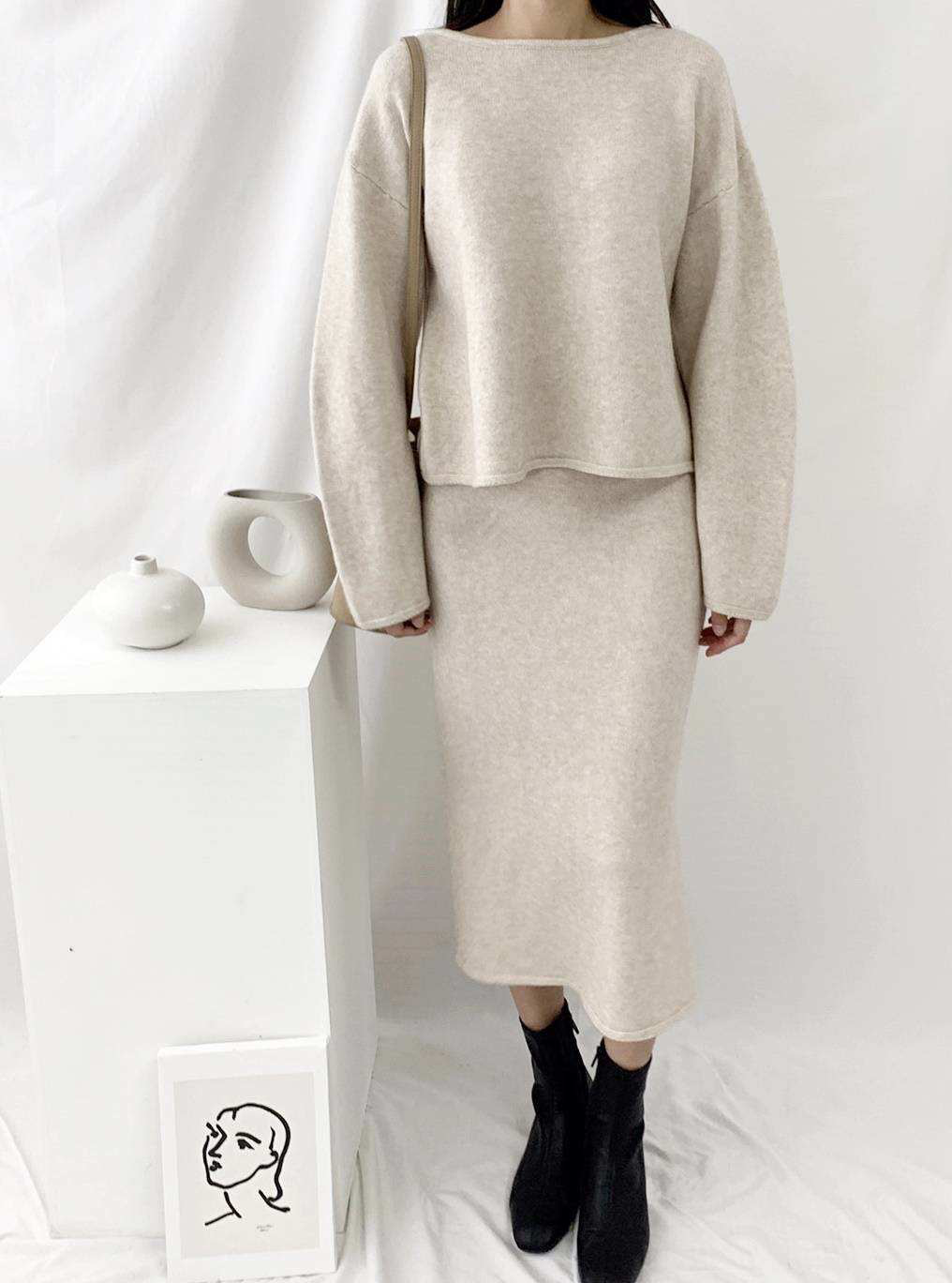 Souland - Haut en tricot uni à manches longues + Jupe mi-longue en tricot uni