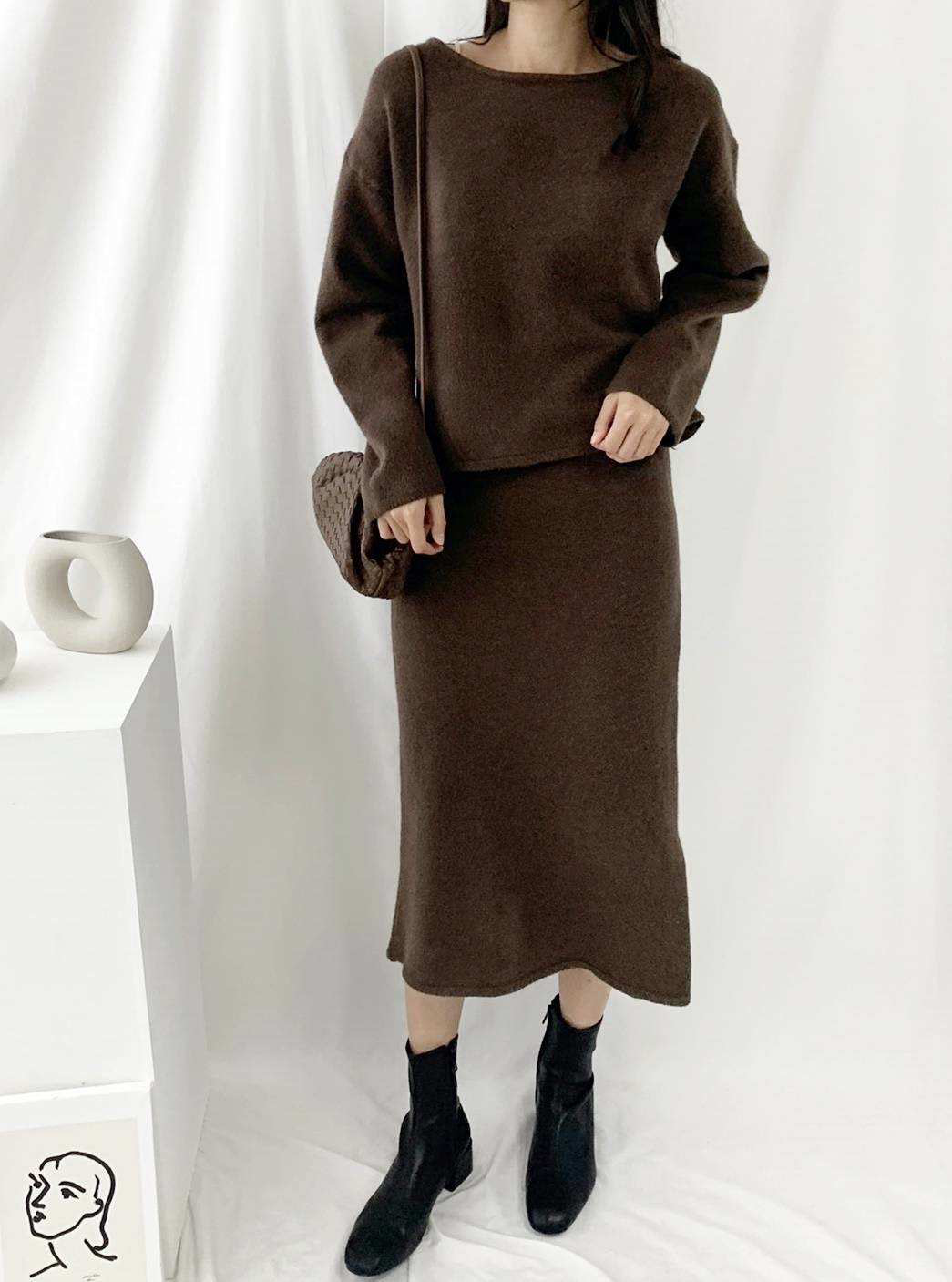 Souland - Haut en tricot uni à manches longues + Jupe mi-longue en tricot uni