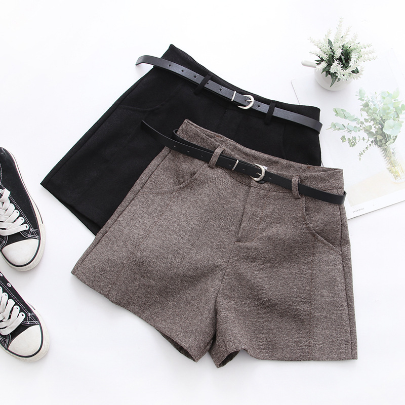 Dearest - Woolen Plain Shorts with Belt