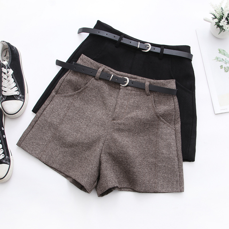 Dearest - Woolen Plain Shorts with Belt
