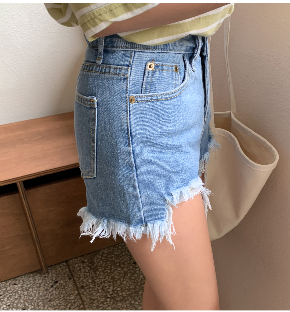 MERONGSHOP - Distressed Fringed-Hem Denim Shorts