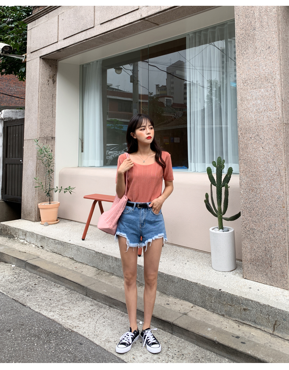MERONGSHOP - Distressed Fringed-Hem Denim Shorts