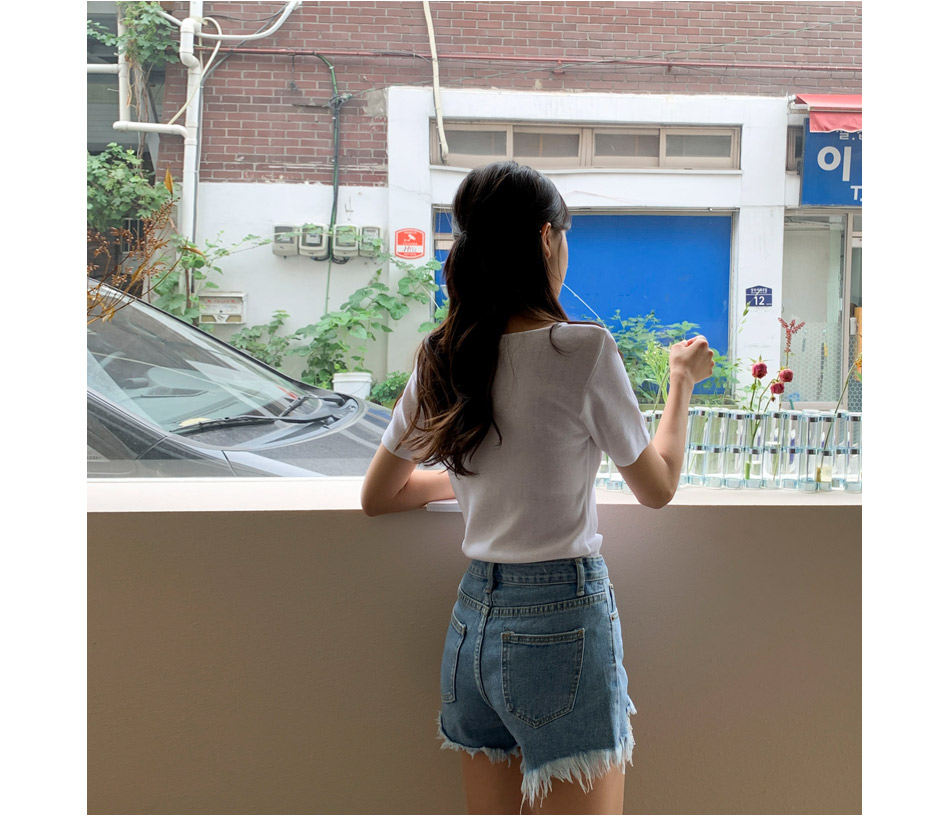 MERONGSHOP - Distressed Fringed-Hem Denim Shorts