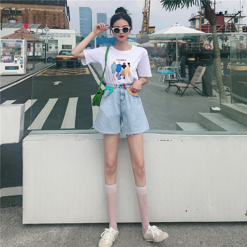 MissLady - Color Block High-Waist Denim Shorts