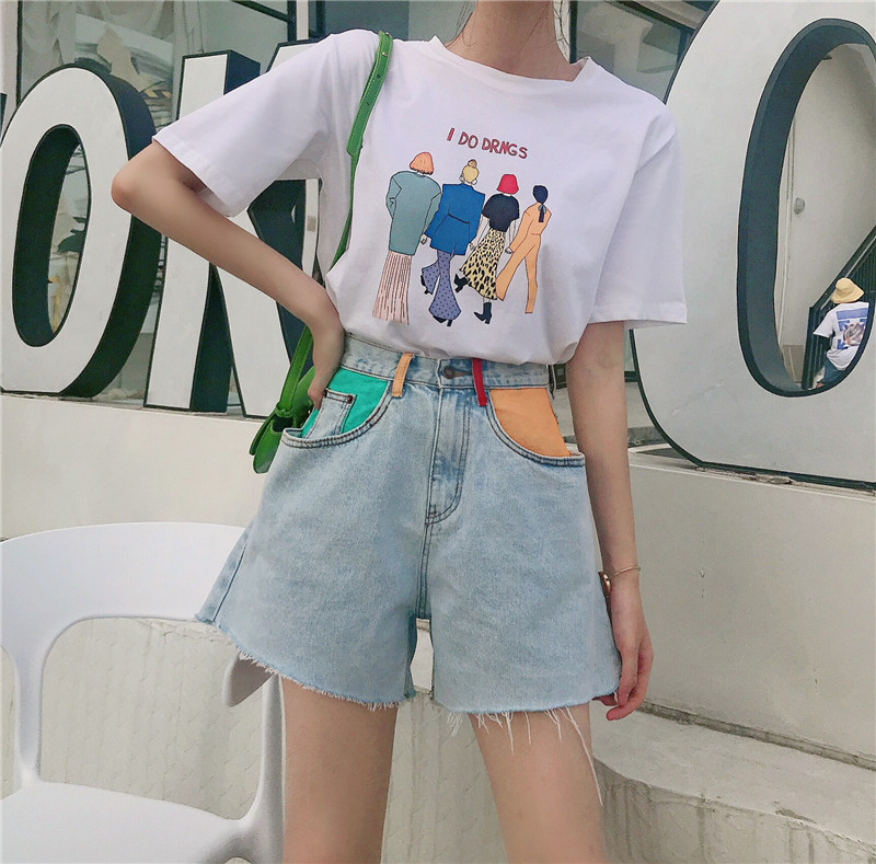 MissLady - Color Block High-Waist Denim Shorts