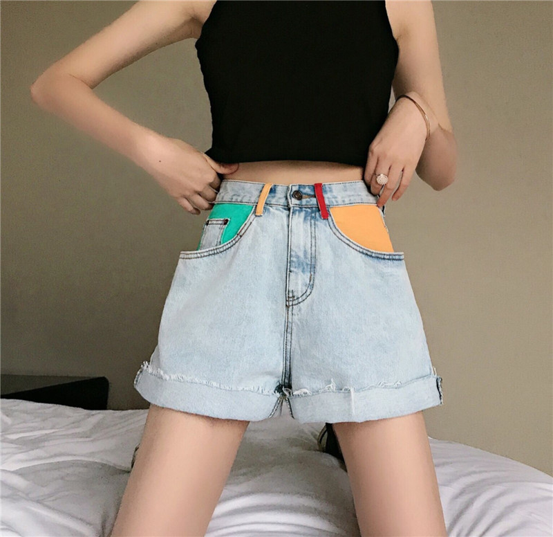 MissLady - Color Block High-Waist Denim Shorts