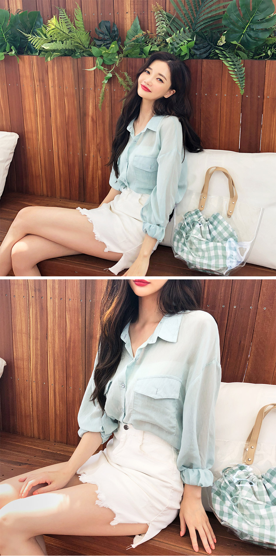 chuu - Chemise transparente à manches longues et poche sur le devant