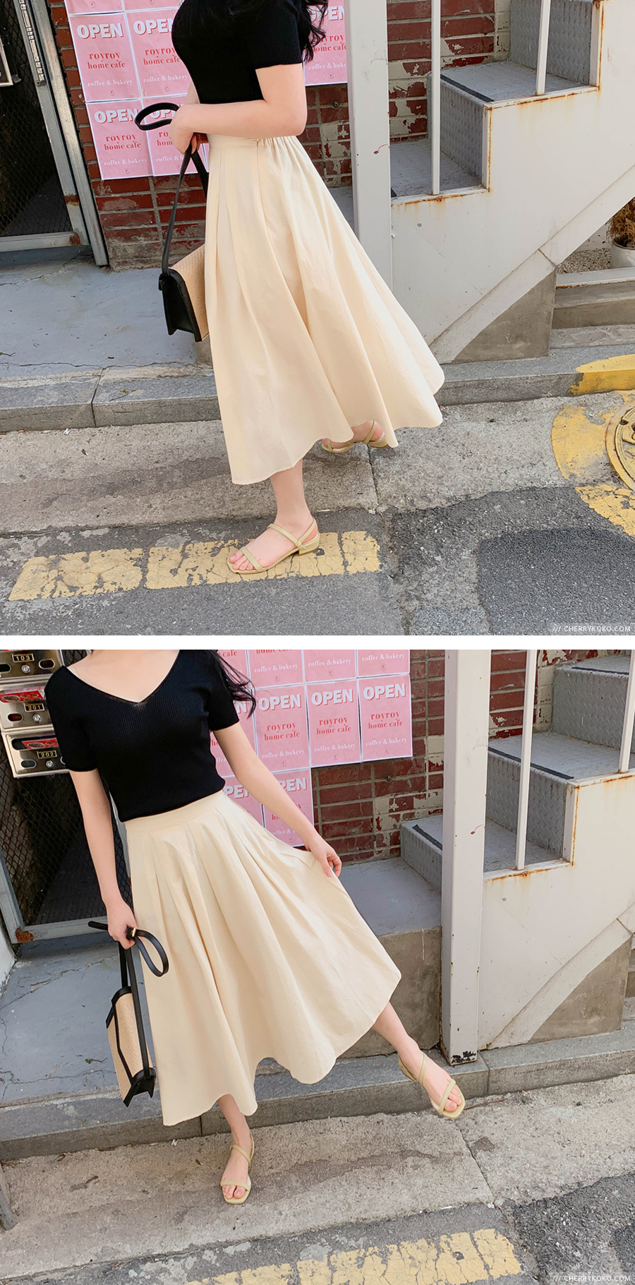 Cherryville - Band-Waist Side-Zip Plain Midi Skirt