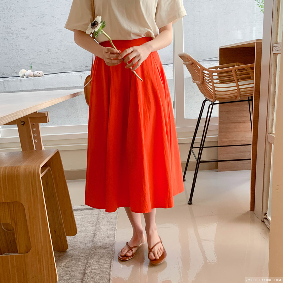 Cherryville - Band-Waist Side-Zip Plain Midi Skirt
