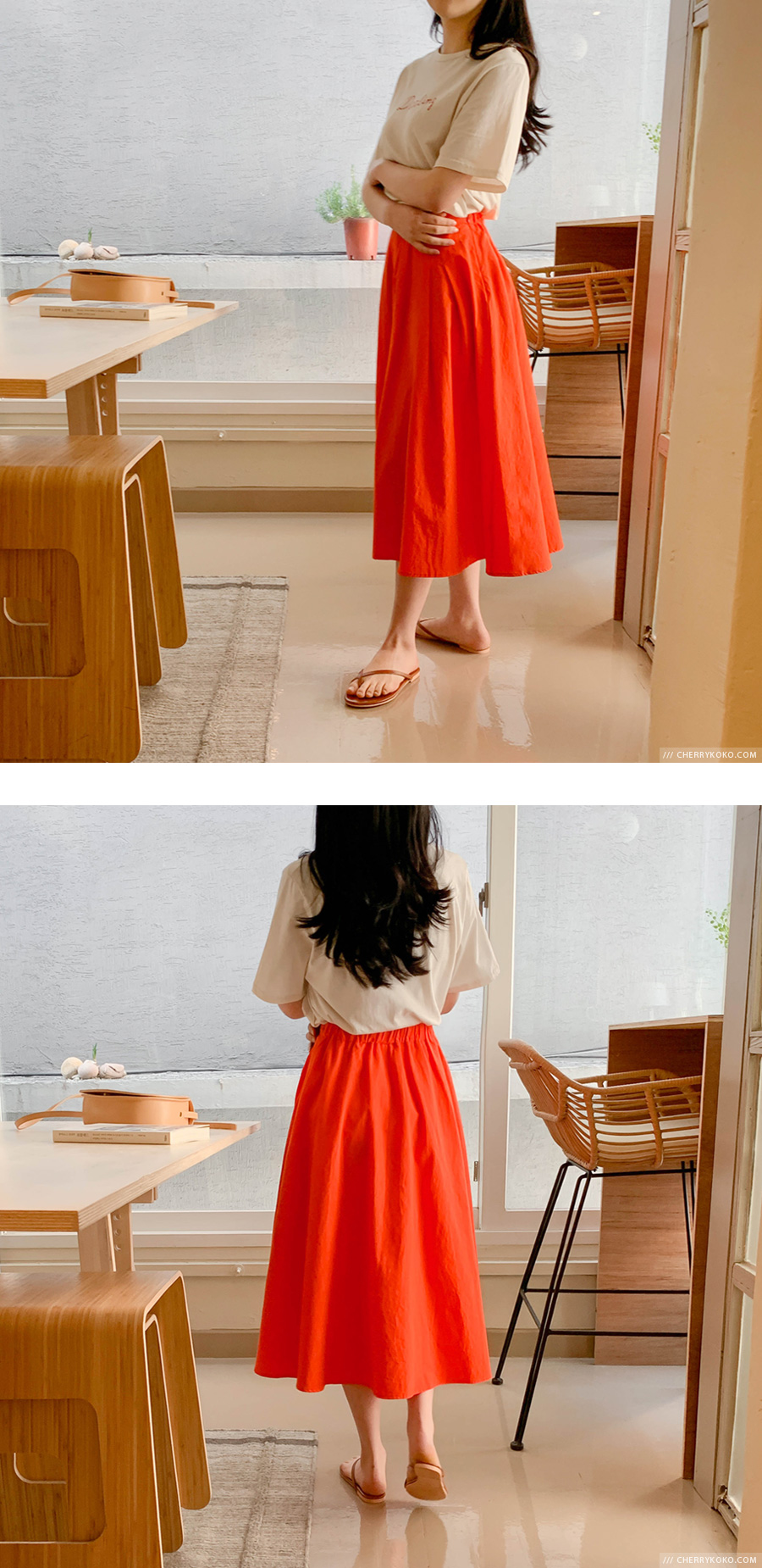 Cherryville - Band-Waist Side-Zip Plain Midi Skirt