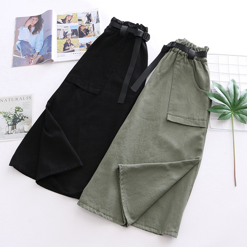 Dearest - Jupe mi-longue cargo à taille bandeau et ceinture en toile