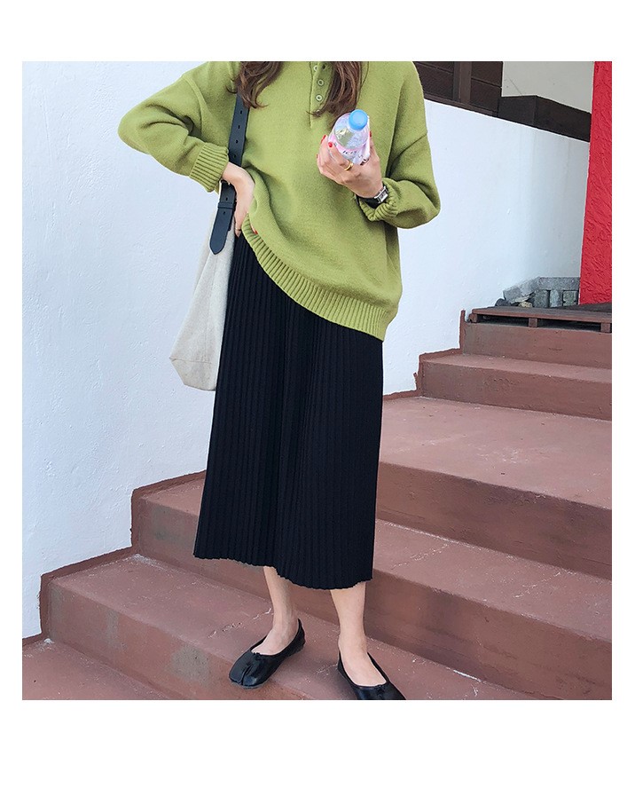 Rosy.B - Band-Waist Pleated Midi Knit Skirt