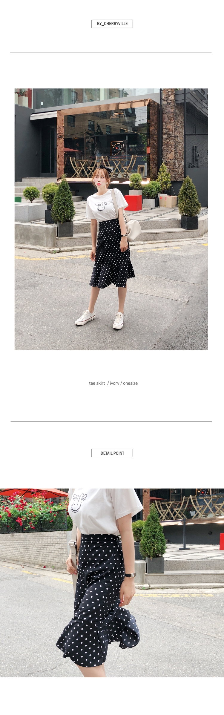 Cherryville - Short Sleeve Printed T-Shirt + Band Waist Dotted Mermaid Skirt