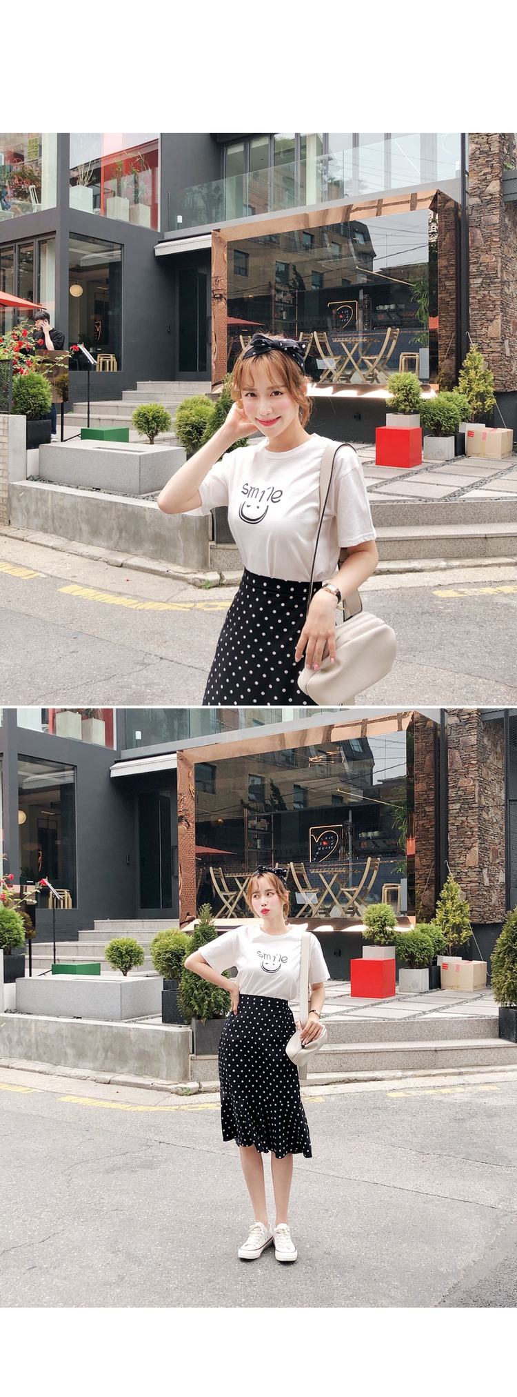 Cherryville - Short Sleeve Printed T-Shirt + Band Waist Dotted Mermaid Skirt