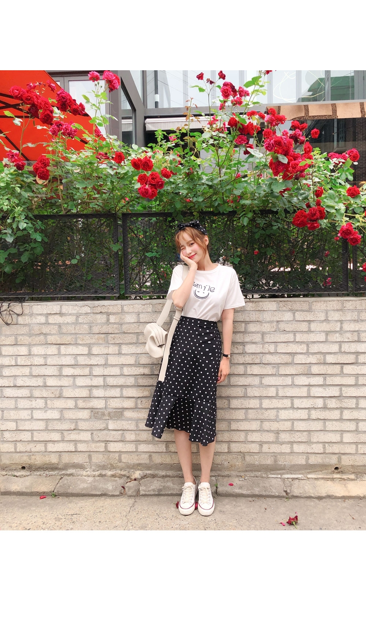 Cherryville - Short Sleeve Printed T-Shirt + Band Waist Dotted Mermaid Skirt