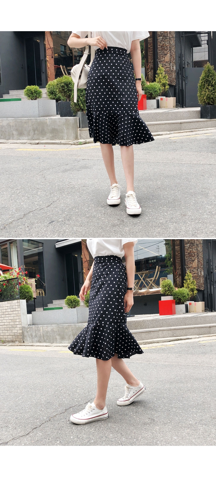 Cherryville - Short Sleeve Printed T-Shirt + Band Waist Dotted Mermaid Skirt
