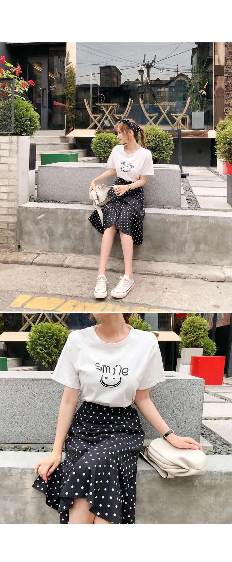 Cherryville - Short Sleeve Printed T-Shirt + Band Waist Dotted Mermaid Skirt