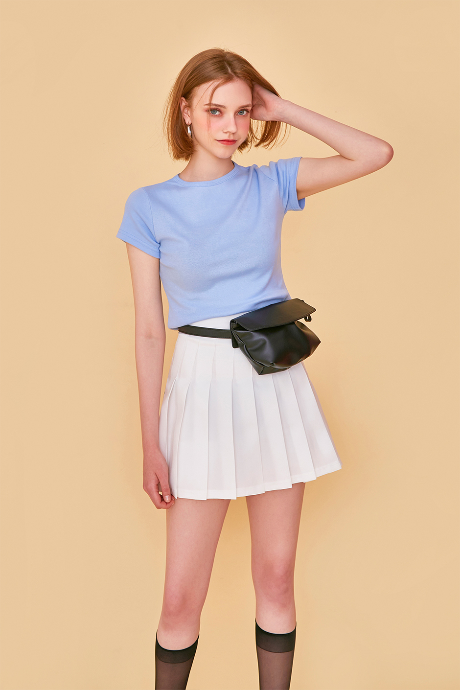 chuu - Cap-Sleeve Cropped Plain Tee