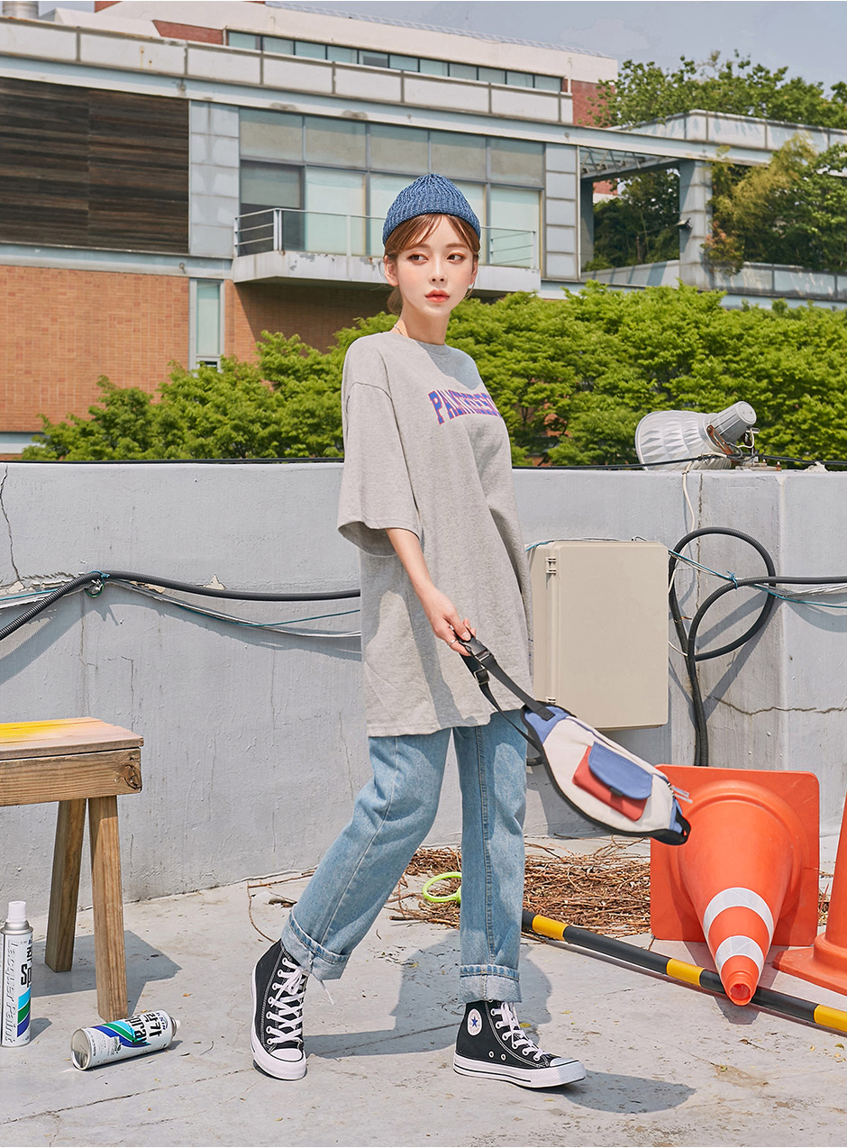 chuu - Elbow-Sleeve Lettering Print T-Shirt