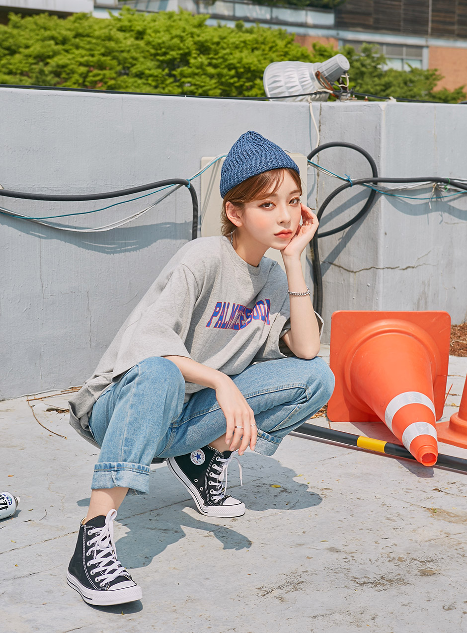 chuu - Elbow-Sleeve Lettering Print T-Shirt