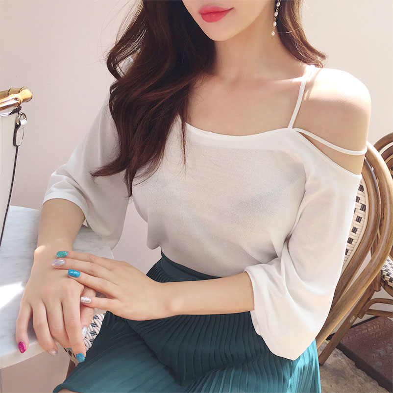 chuu - Cold-Shoulder Elbow-Sleeve Strappy Top