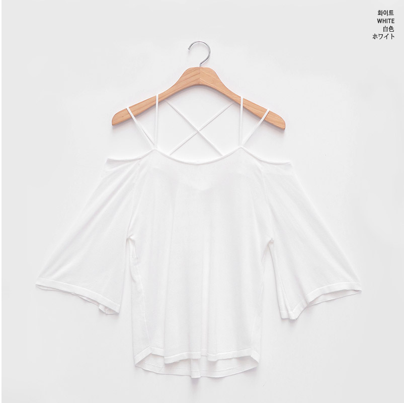 chuu - Cold-Shoulder Elbow-Sleeve Strappy Top
