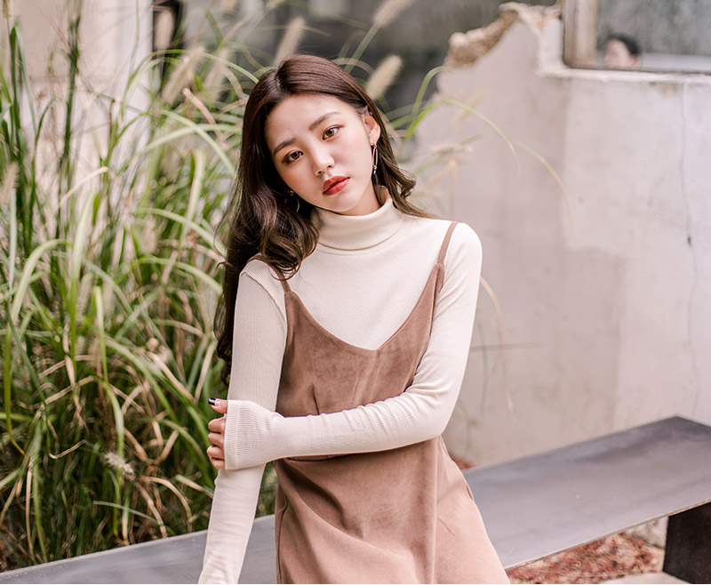 Icecream12 - Long-Sleeve Plain Turtleneck Ribbed Top
