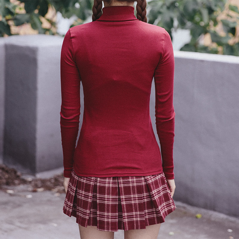 Icecream12 - Long-Sleeve Plain Turtleneck Ribbed Top