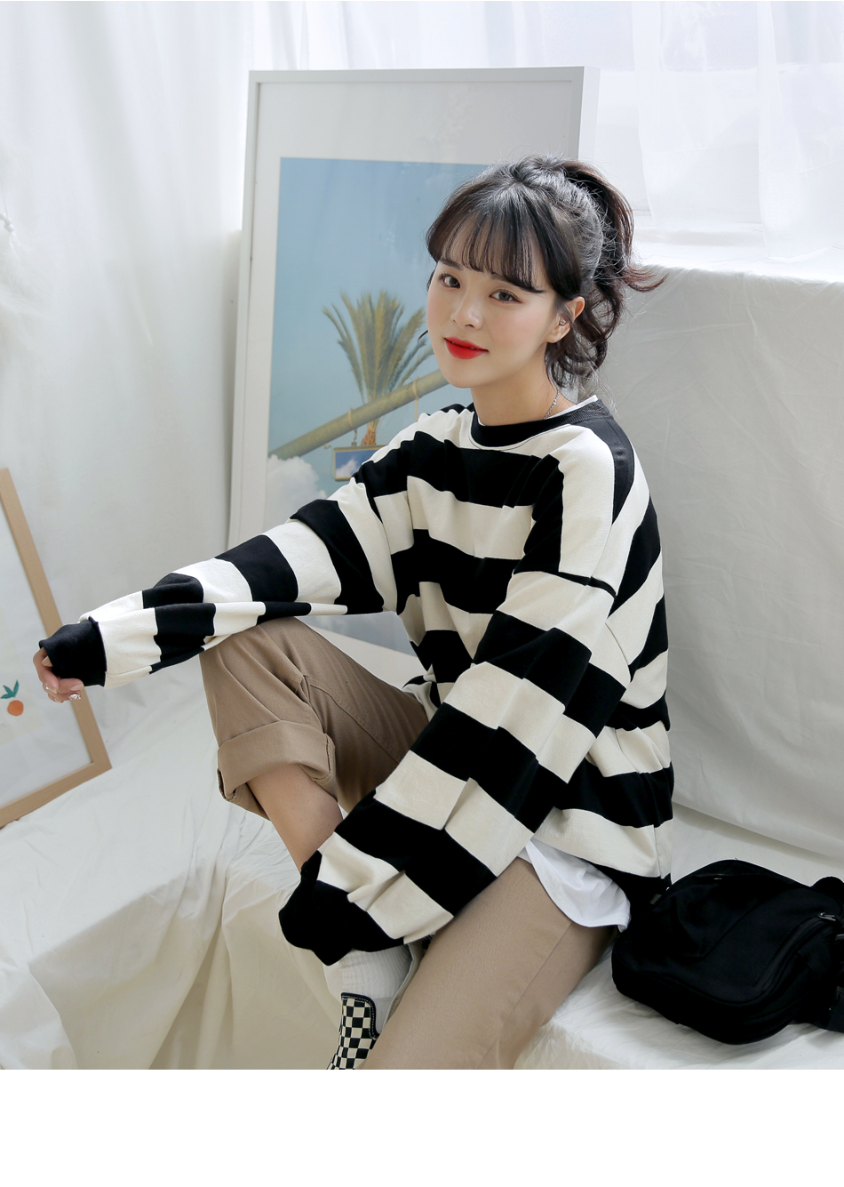 MERONGSHOP - Pull rayé à manches longues et épaules dénudées